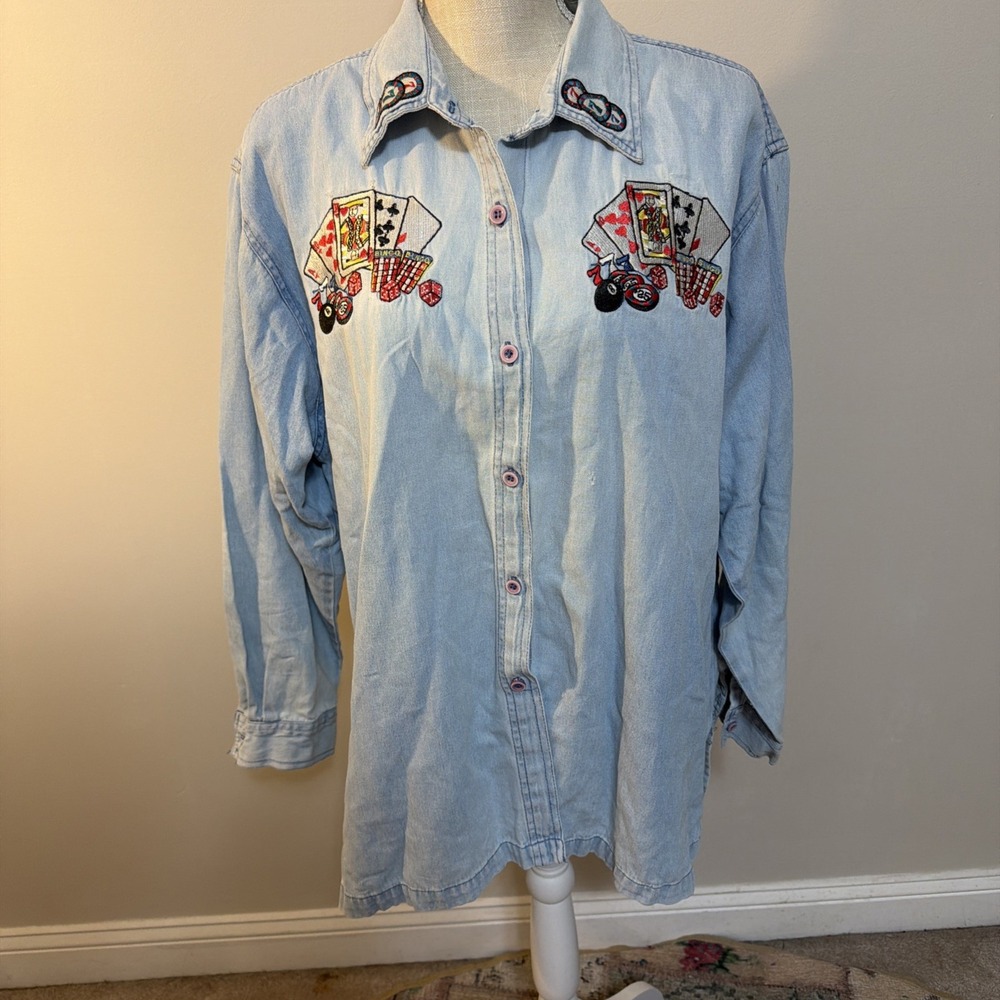Vintage Classics Womens XL Jackpot Casino Denim Shirt Gambling Theme